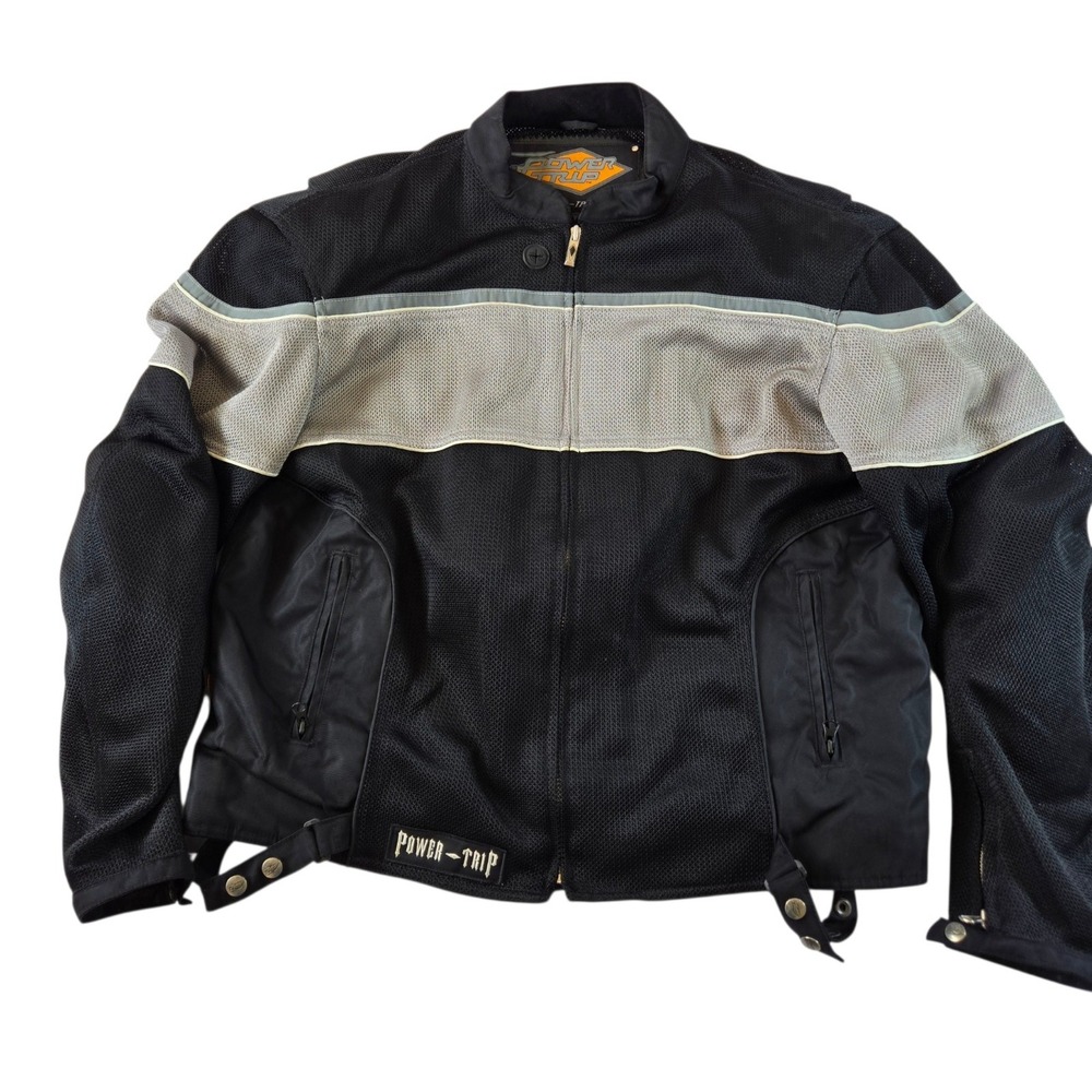 Power Trip Mens XL Motorcycle Jacket Mesh Back Elbow Shoulder Pads Black Silver